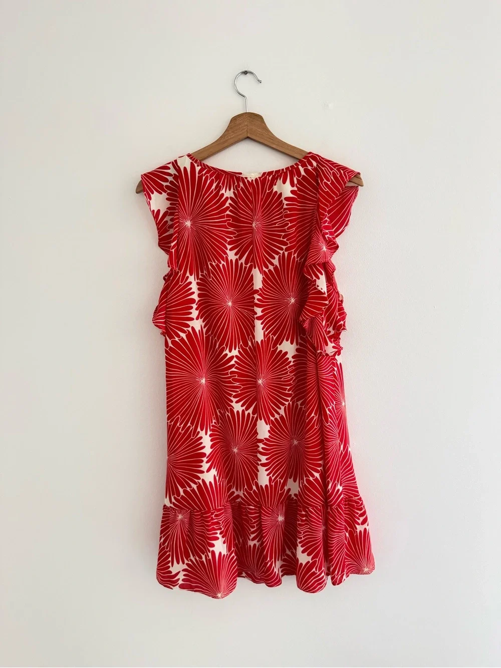 J. Crew Red Floral Tropical Resort Flutter Sleeve Ruffle Hem Mini Dress Small